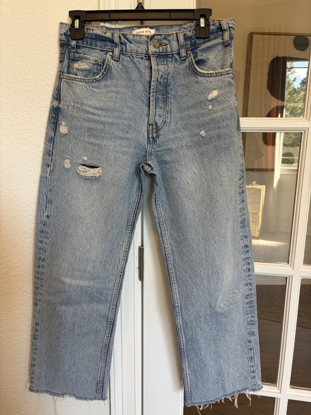 ANINE BING Light Wash Distressed Raw Hem Jeans 26